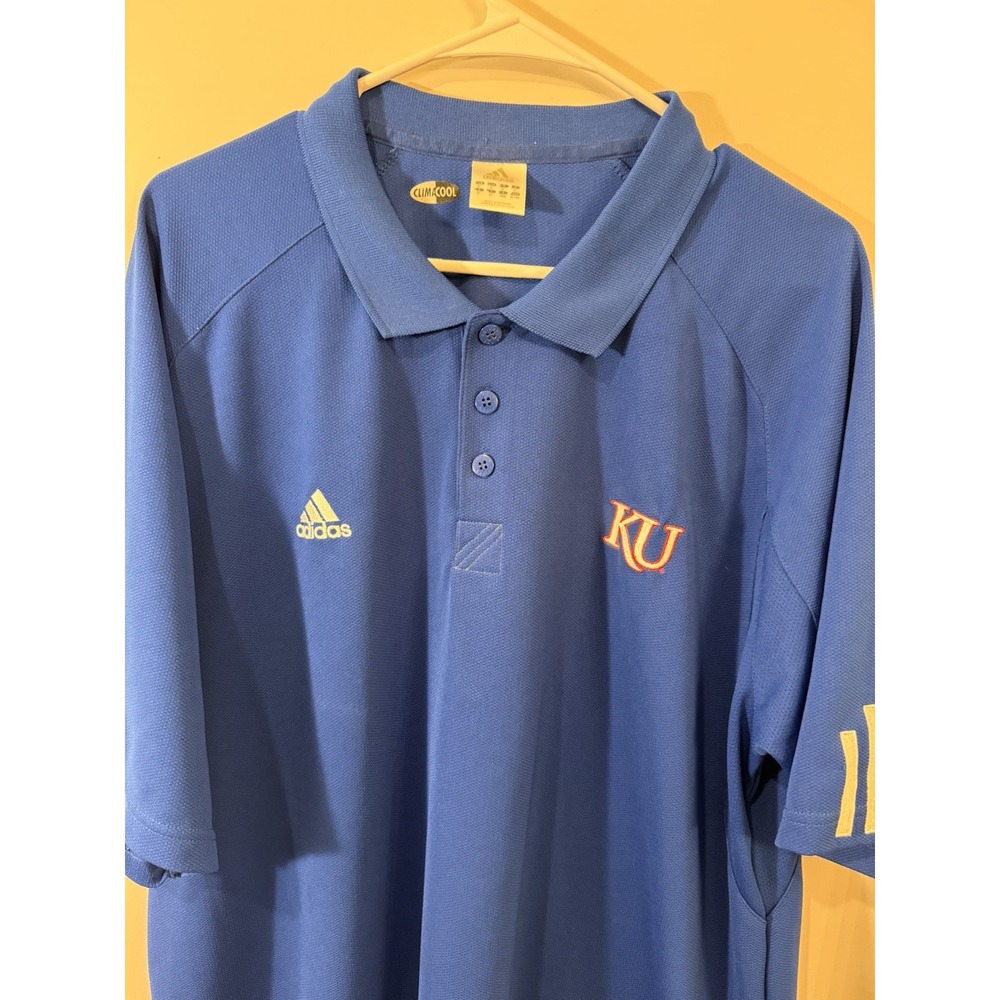 Kansas Jayhawks KU Adidas Climacool Short Sleeve Polo Shirt Men's Size XL Blue - Picture 3 of 7